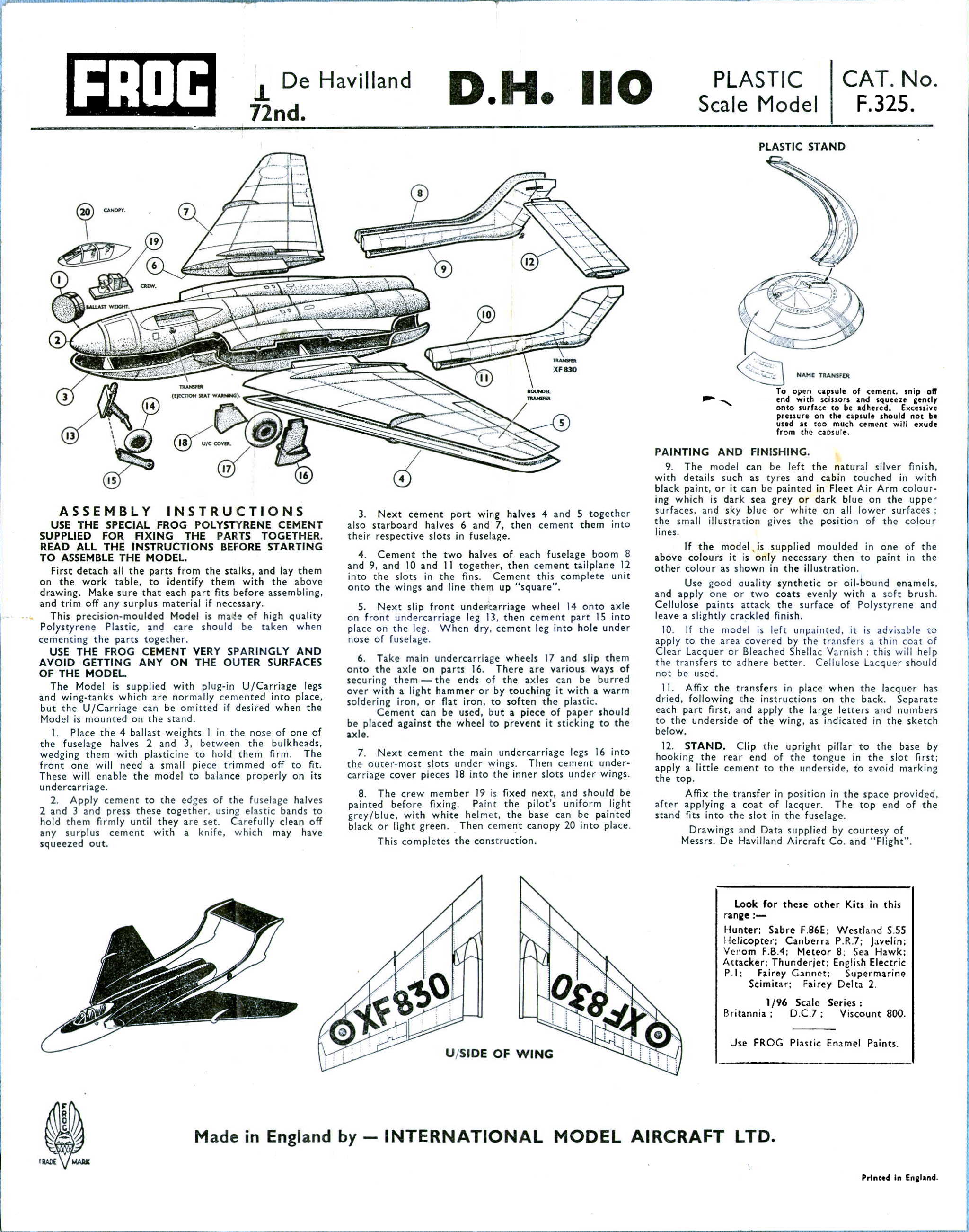 Инструкция по сборке FROG F325 DH. 110 Twin Jet Naval Fighter, International Model Aircraft Limited, 1962-63